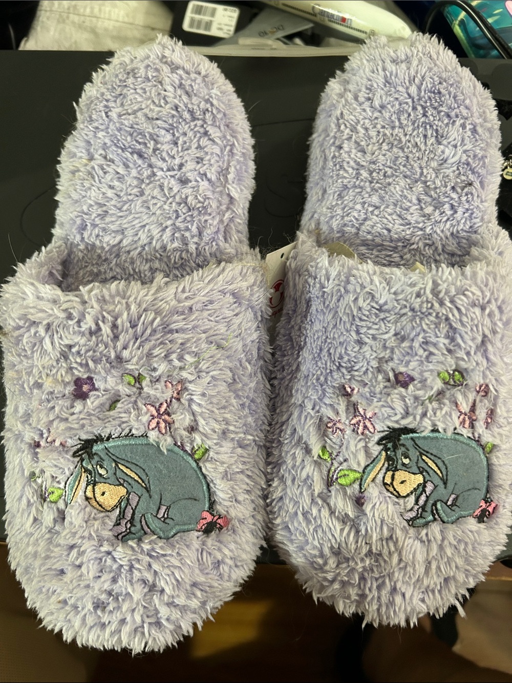 Lavender Fluffy Eeyore Embroidered Slippers
